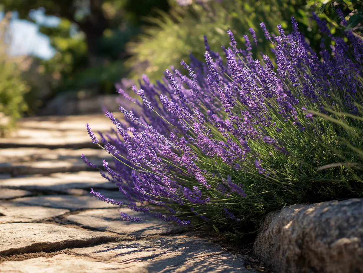 ラベンダーの道と石畳の写真｜静かな道を彩るラベンダーの花と、石畳が織りなす穏やかな風景。道を歩きながらラベンダーの香りが漂うような気持ちになり、リラックスできる空間が広がります。自然と人が共存する美しい一瞬を切り取った写真です。