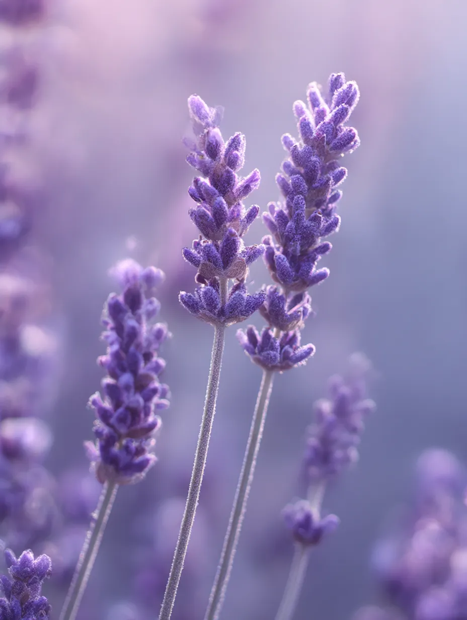 ラベンダーの花の朝露を感じる写真｜朝の光の中でラベンダーの花が一層美しく映える一枚。柔らかな朝露が花々に乗り、ラベンダーの細かな花がきらきらと輝いています。清らかな朝の空気を感じさせる、優雅で落ち着いた雰囲気の写真です。
