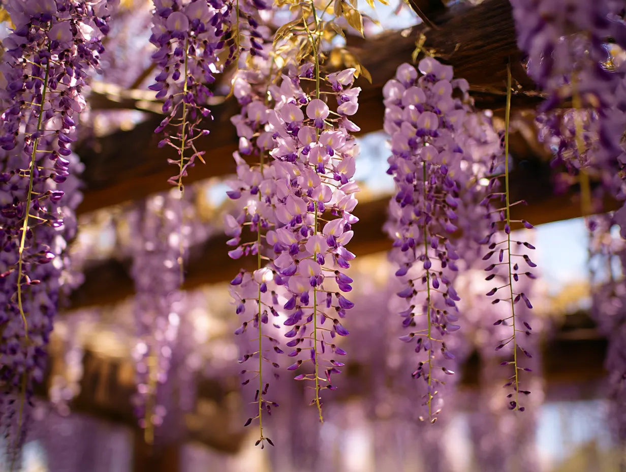 藤の花のアーチの写真｜藤の花が咲き誇る美しいアーチが印象的な一枚。優雅に垂れ下がった花房が、風に揺れながら見る人を魅了します。色とりどりの藤の花が、まるで夢のような空間を作り出しており、その美しさが心に残ります。