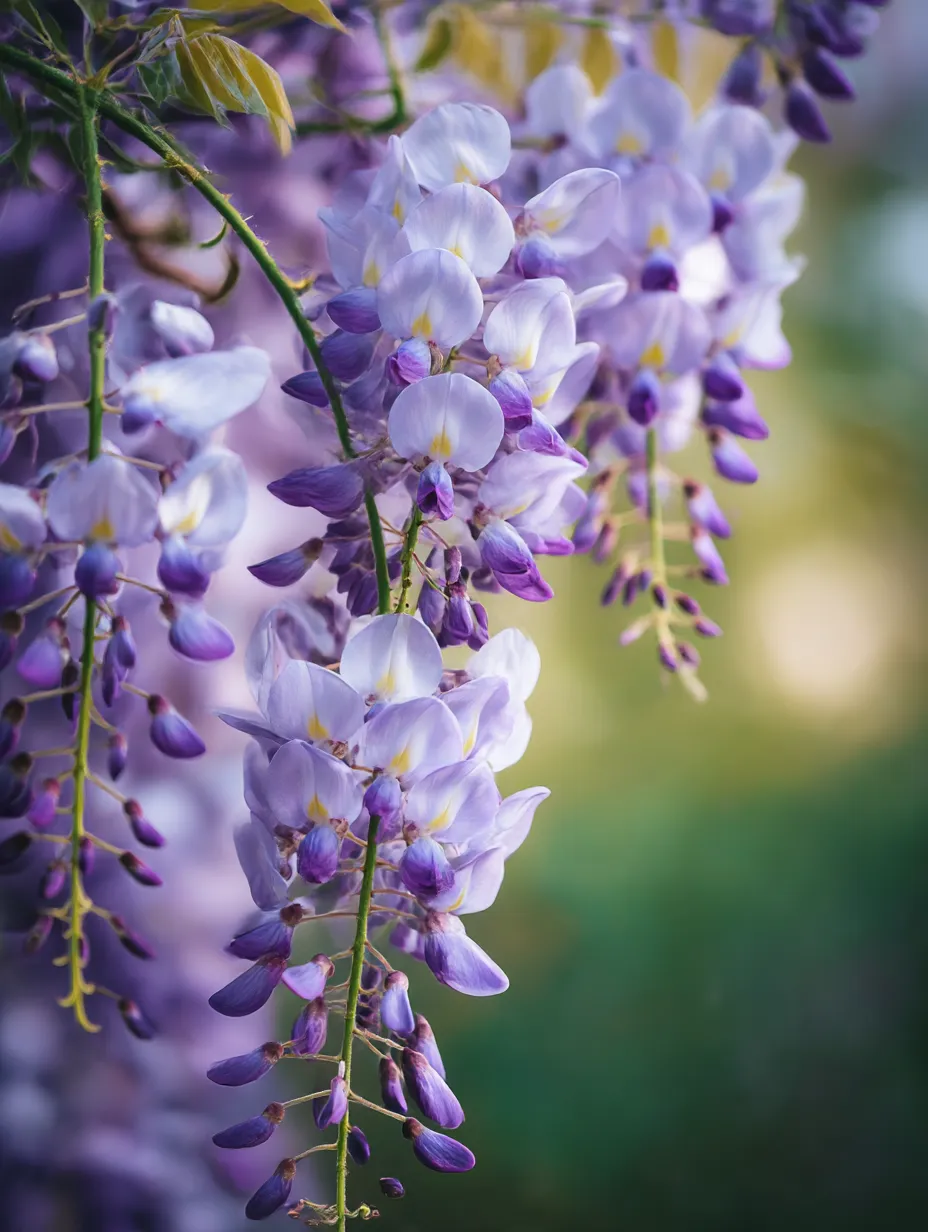 藤の花の繊細な花房の写真｜繊細に咲く藤の花が近くで捉えられた一枚。淡い紫色の花房が、やわらかく優しい雰囲気を作り出し、自然の美しさが伝わってきます。藤の花はその優雅さと甘い香りで、人々を魅了する存在です。
