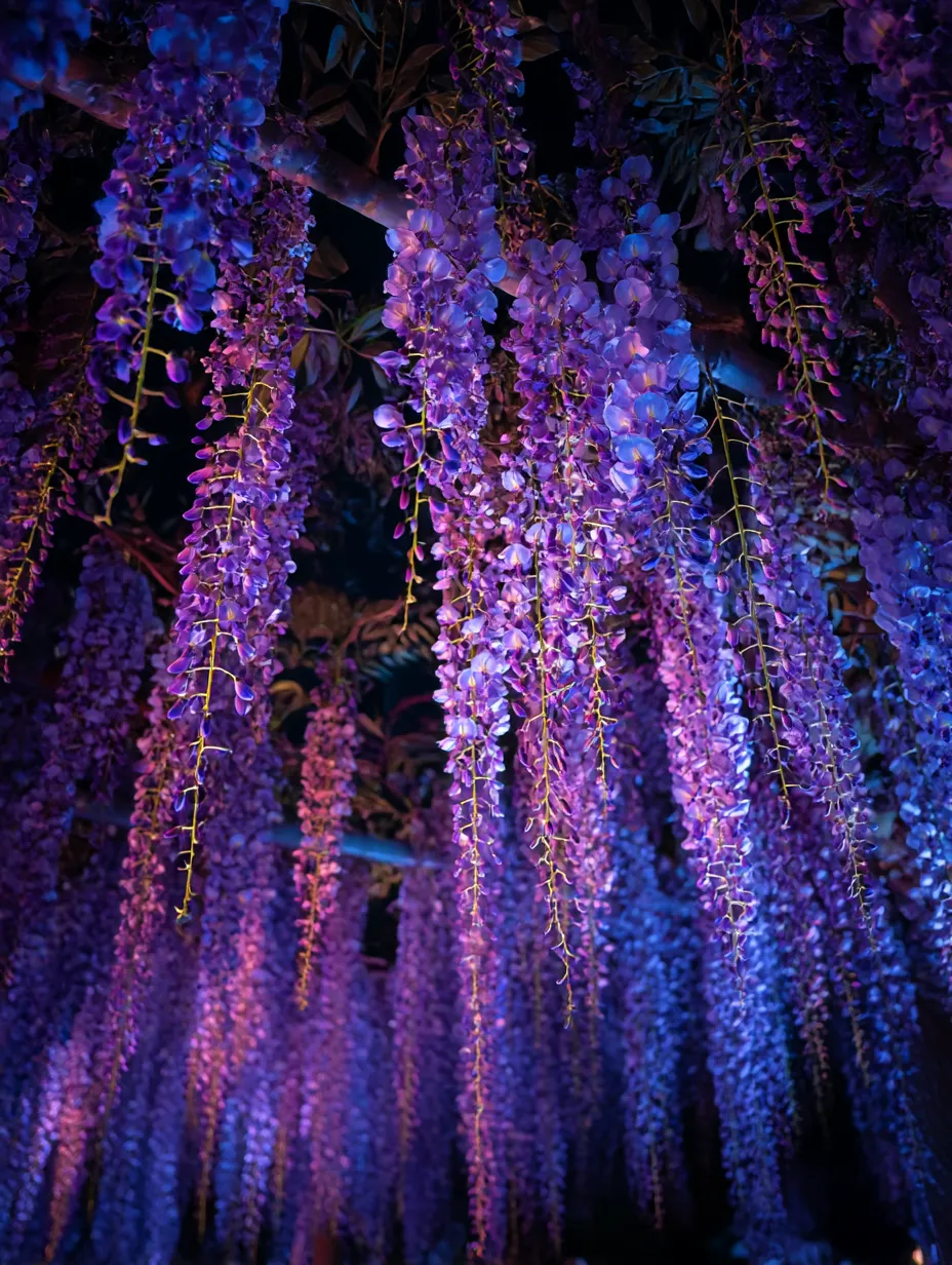藤の花の夜の美しい写真｜夜の藤の花が照明で浮かび上がる幻想的な一枚。藤の花が夜空に映えるその美しさは、昼間とはまた違った神秘的な魅力を持っています。ライトアップされた花々が夜の闇に幻想的な輝きを与えています。
