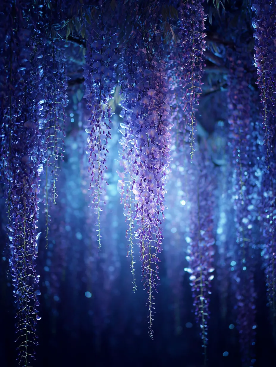 藤の花の幻想的な夜の風景写真｜藤の花が夜の光に照らされ、幻想的な雰囲気を醸し出す一枚。暗闇の中で、藤の花が神秘的に輝き、まるで夢の中にいるかのような雰囲気を感じさせます。光と影が織りなす美しい瞬間を捉えています。