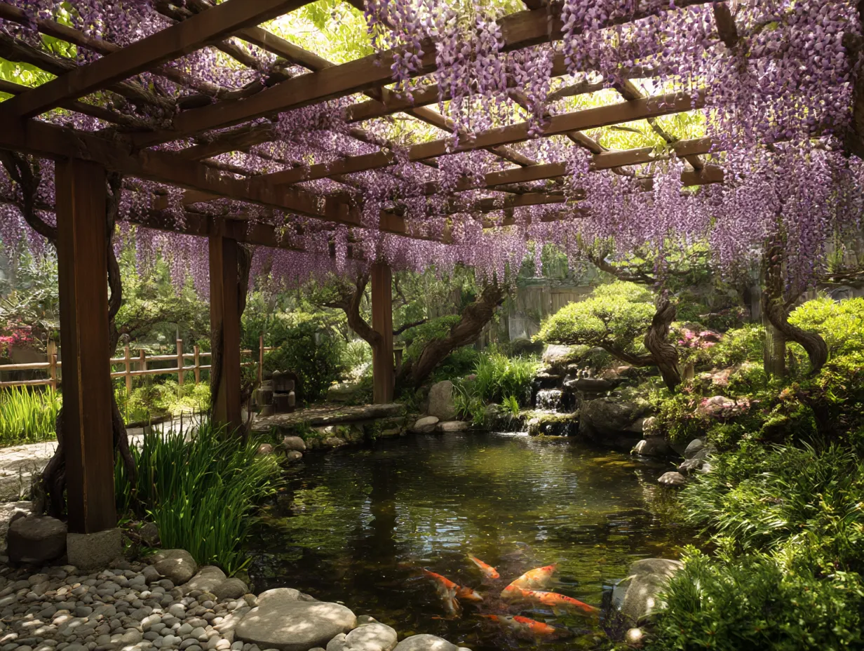 藤の花と池のある庭園の写真｜藤の花が咲き誇る美しい庭園の風景。池の周りに広がる藤の花が、穏やかな水面と相まって、静かなひとときを感じさせます。藤の花が作り出す幻想的な空間で、自然と心がひとつになれるような気持ちになります。