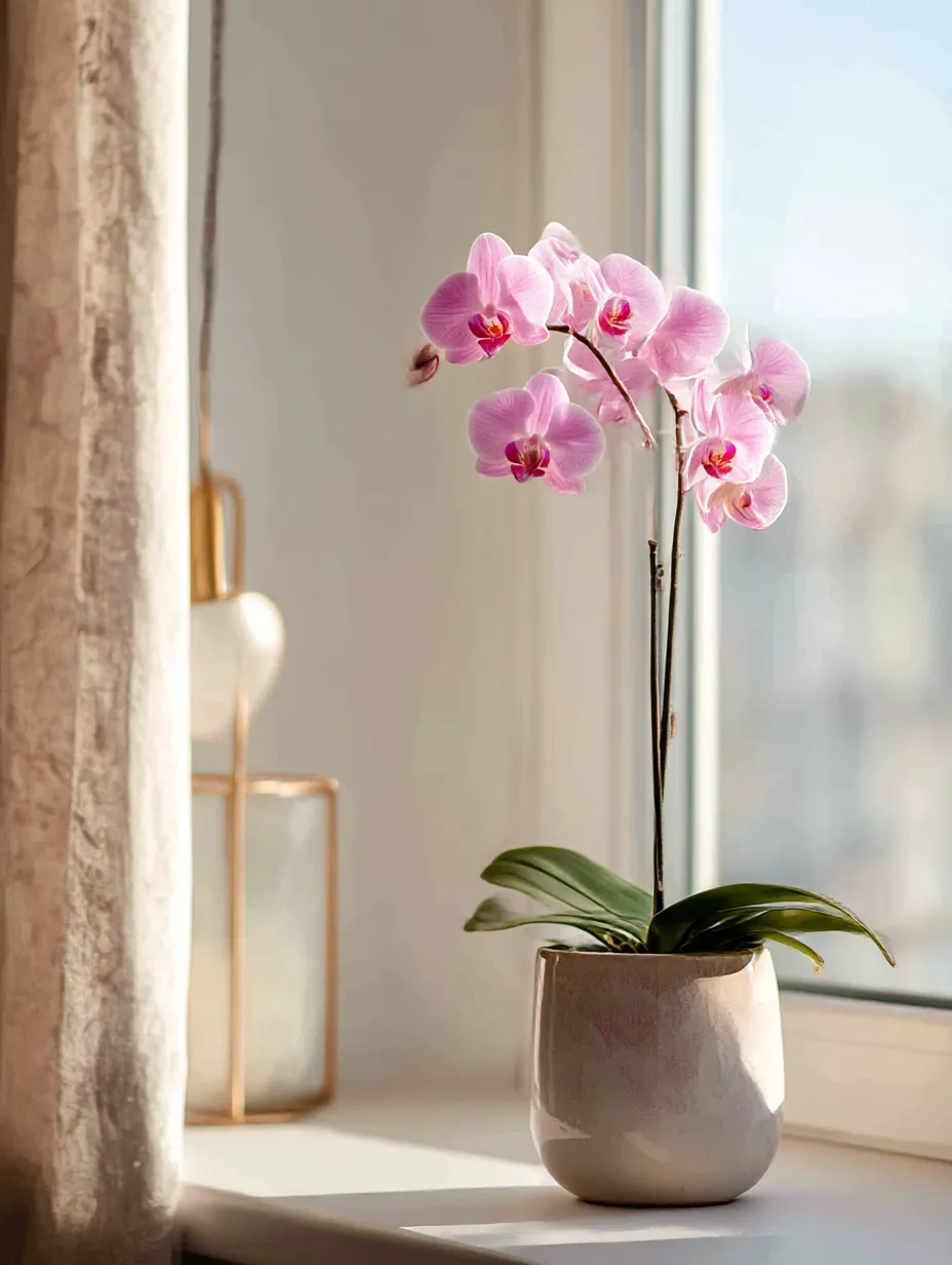 胡蝶蘭の花を飾った華やかな写真｜テーブルに美しく飾られた胡蝶蘭の花々。白く清潔感あふれる花が、シンプルでありながら華やかに空間を彩ります。豪華な装飾が光を受けて輝き、胡蝶蘭の優雅な美しさが存分に引き立っています。