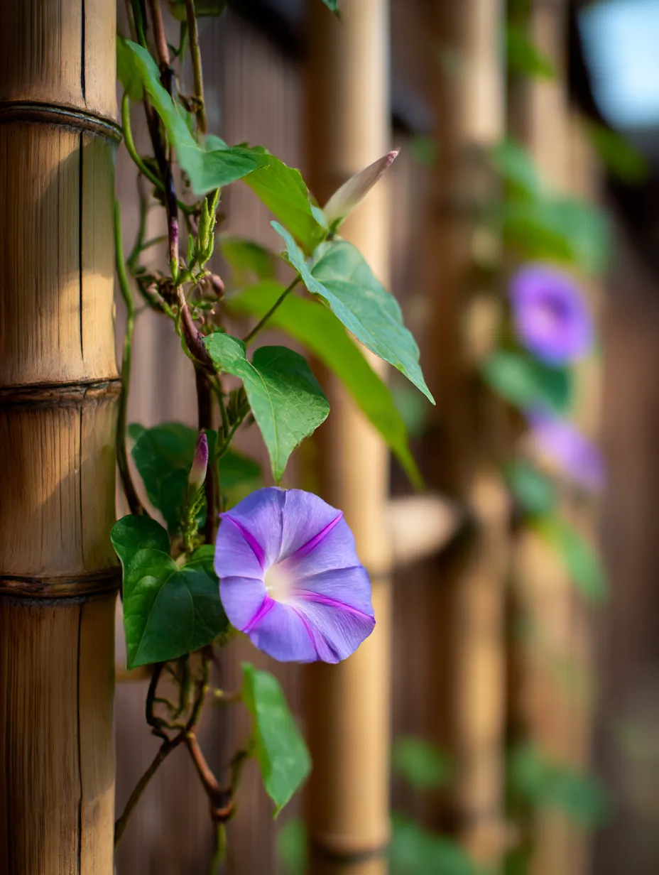 あさがおの花が竹に絡む写真｜竹の支柱に絡まるあさがおの花が美しく映し出された一枚。柔らかな紫色の花が、朝の光を浴びて輝いています。自然の中で感じる穏やかな朝の雰囲気を伝える、清々しい一瞬を捉えた写真です。