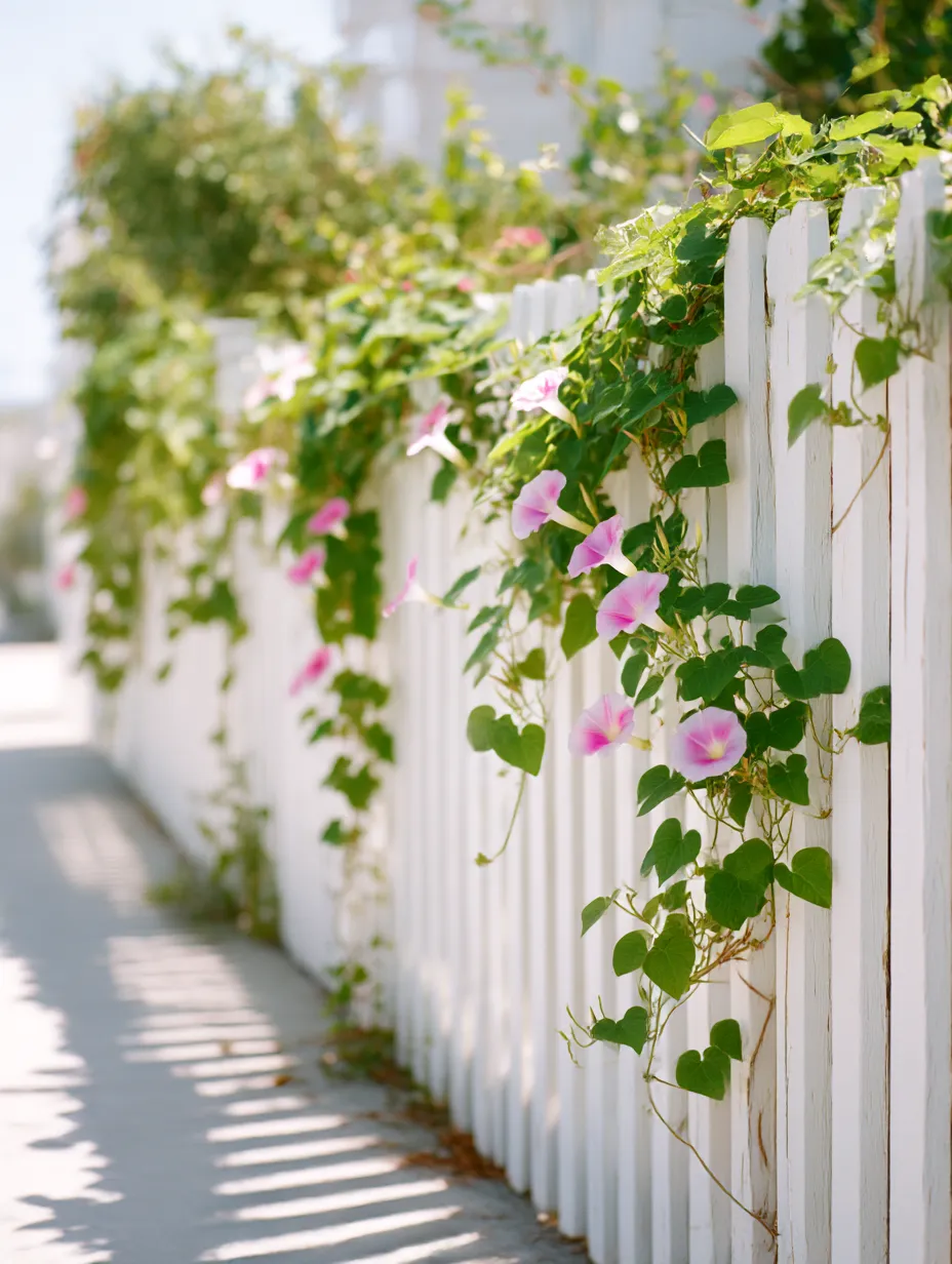 あさがおがフェンスを彩る写真｜白いフェンスに絡むあさがおの花が、夏の爽やかな雰囲気を演出しています。花々の鮮やかな色合いが、背景の明るい空と相まって、自然の美しさを際立たせるシーンです。素朴でありながら魅力的な風景を感じます。