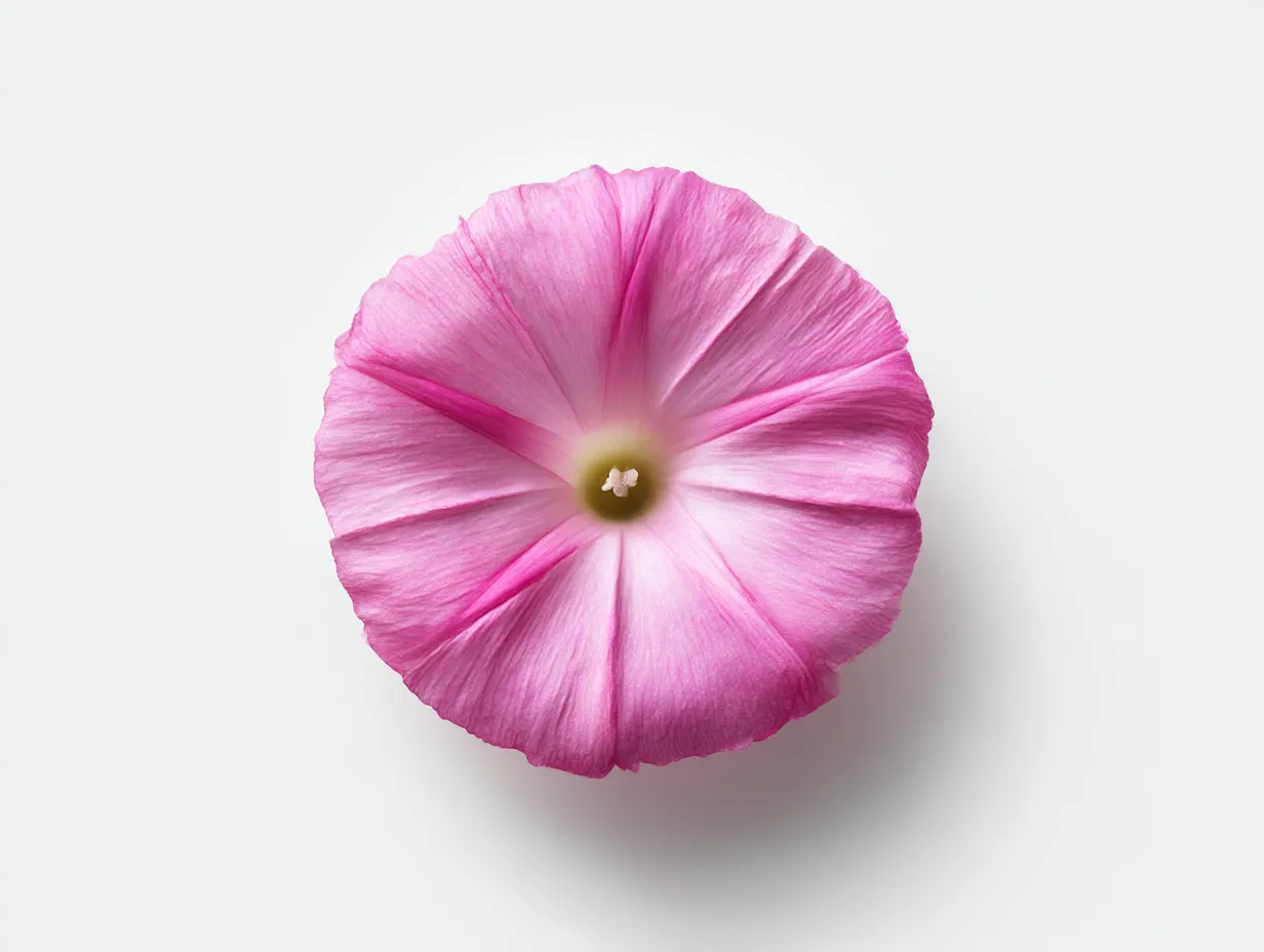あさがおの花のクローズアップ写真｜白い背景に映えるピンクのあさがおが美しく捉えられた一枚。シンプルながら、その繊細な花弁と鮮やかな色合いが引き立てられています。あさがおの純粋な美しさが感じられる静かな瞬間です。