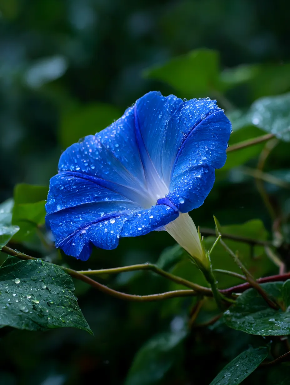 あさがおの青い花と朝露の写真｜青いあさがおの花に朝露がしっとりと乗り、自然の清新さが感じられる一枚。水滴が光を受けて輝き、まるで花が生き生きと息づいているかのような印象を与えます。朝の静かな時間を切り取った写真です。