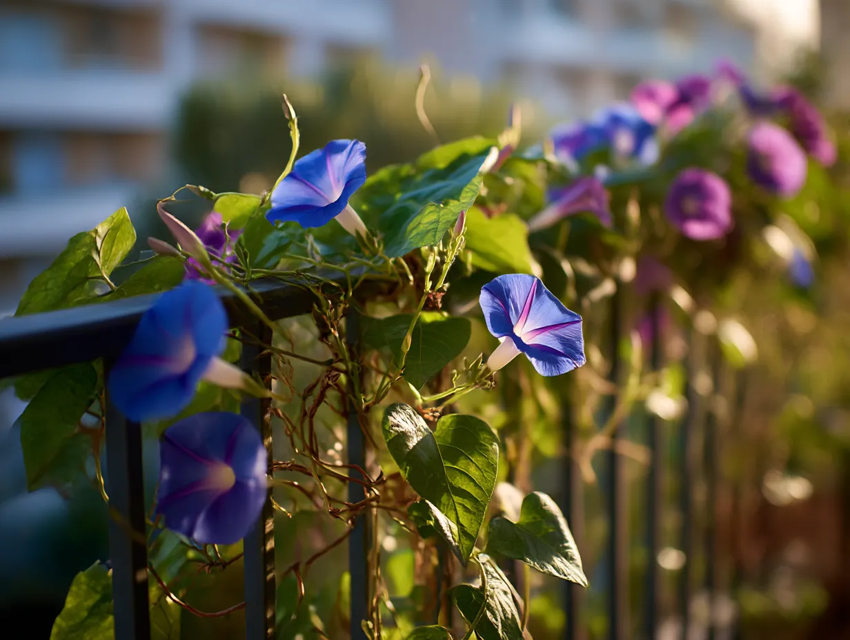 あさがおが陽光を浴びる写真｜日差しの中で色鮮やかなあさがおの花が輝いているシーン。陽光を浴びて輝く花々が、まるでエネルギーを放つような活力を感じさせます。鮮やかな色彩が心に残る、美しい朝のひとときを切り取った写真です。