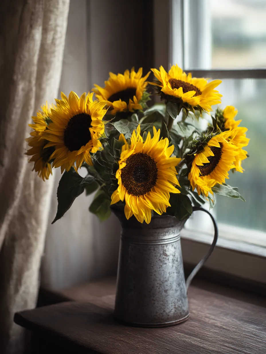 ひまわりの花束の写真｜窓辺に飾られたひまわりの花束が、明るい光を浴びて輝く一枚。元気いっぱいに咲いたひまわりが、見る人に活力を与え、温かみのある雰囲気を作り出しています。日差しとともに心も暖かくなるような写真です。