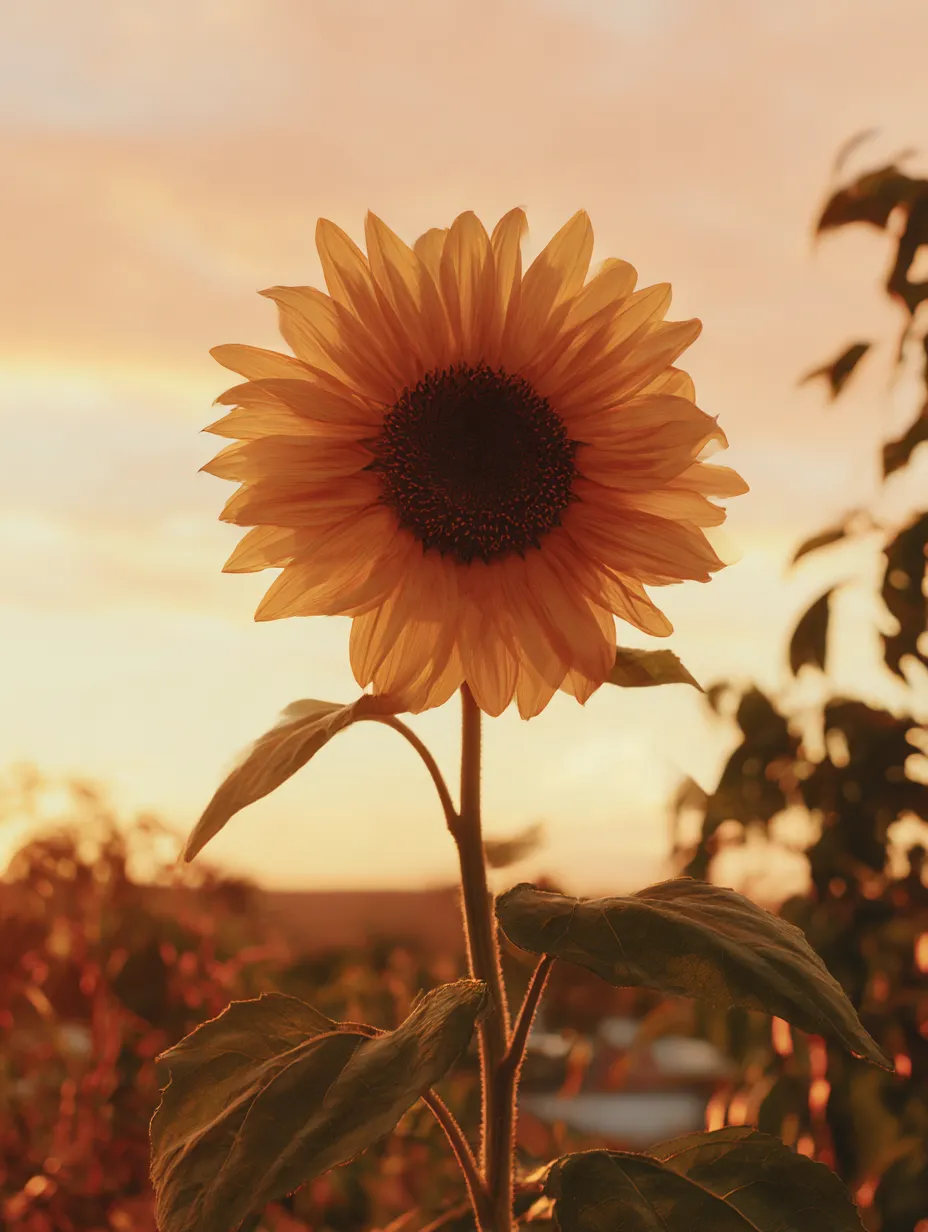 ひまわりと夕日の写真｜夕日の中でシルエットとなったひまわりの美しい一枚。夕焼けに照らされ、ひまわりの花が柔らかなオレンジ色に染まっています。静かな夕暮れ時の落ち着いた雰囲気が伝わる、優雅で温かみのある写真です。