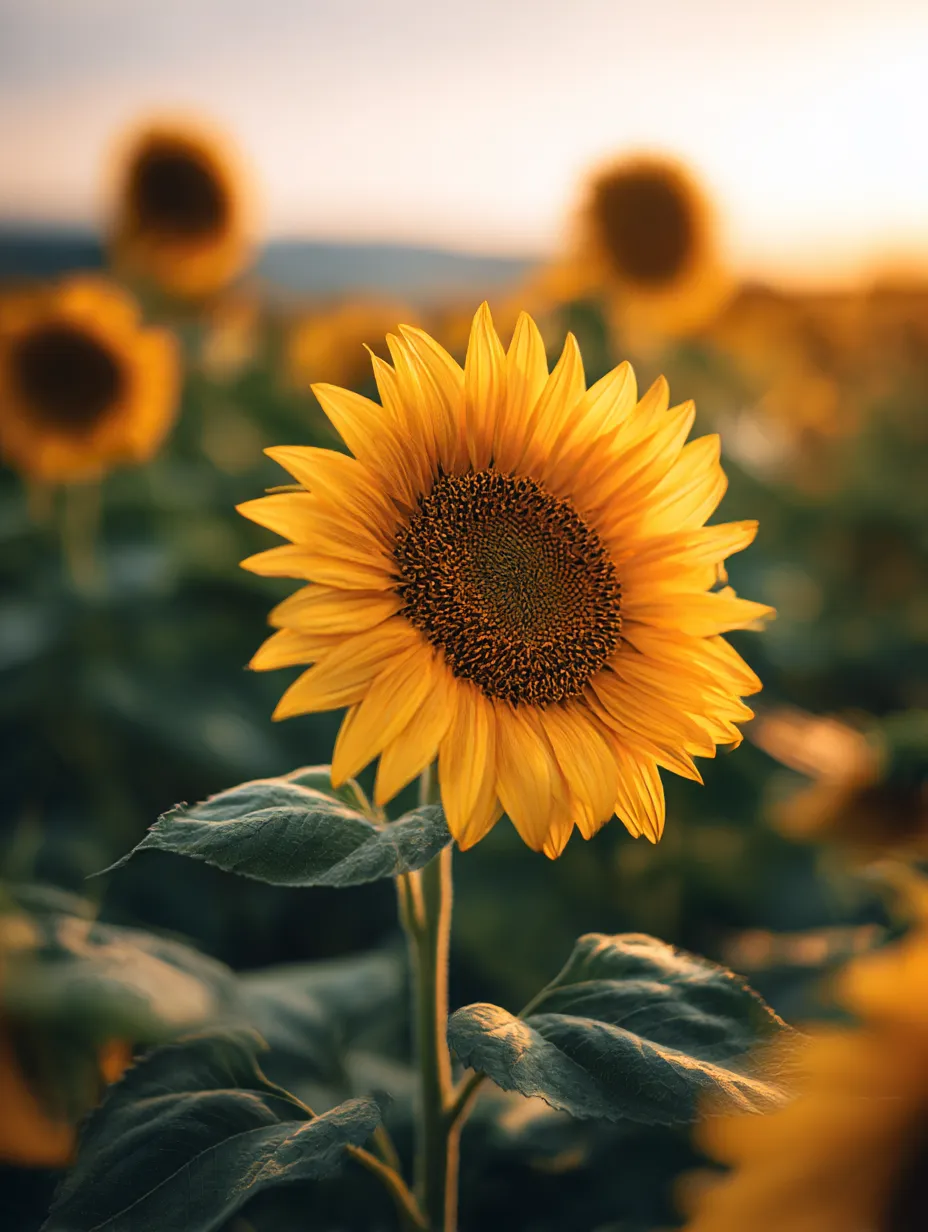 ひまわりの夕日の写真｜夕暮れ時に輝くひまわりの花が、温かな光の中で美しく映える一枚です。明るい黄色の花弁が夕日を浴びて鮮やかに色づき、穏やかな雰囲気を醸し出しています。ひまわりの花が持つ元気さと、夕日の落ち着いた温かさが絶妙に調和しています。