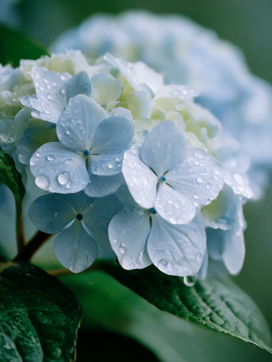 あじさいの青い花と朝露の写真｜朝露をまとった青いあじさいの花が美しく輝く一枚。しっとりとした花びらに水滴が光り、自然の中で感じる静けさと優雅さを伝えています。新鮮な朝の空気が感じられる、清々しい写真です。