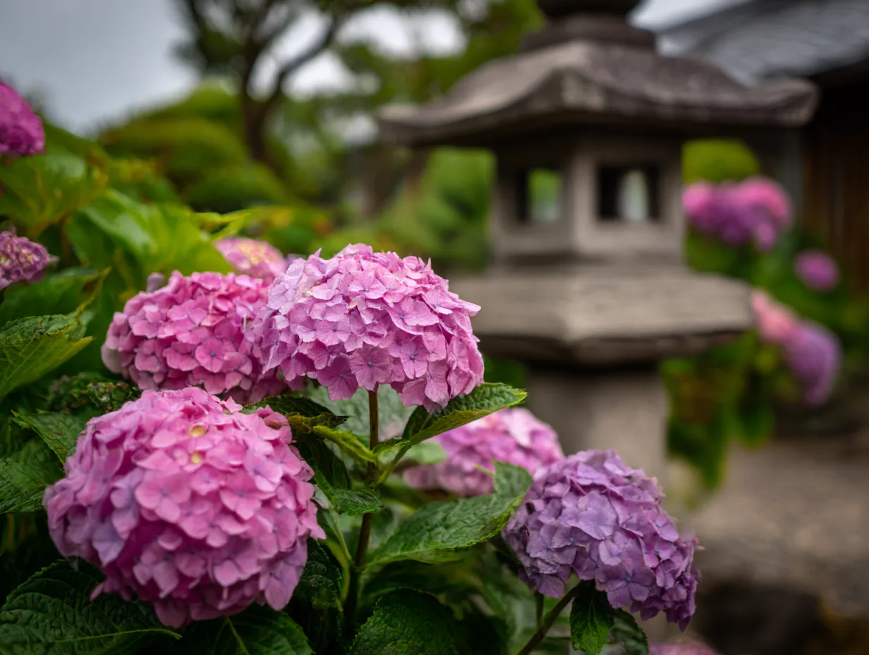 あじさいと石灯籠の風景写真｜石灯籠の周りに咲くあじさいの花が、静寂な庭園の一部として美しく調和しています。しっとりとした空気の中、色とりどりのあじさいが涼しげな風を運び、心が落ち着くような穏やかな風景が広がります。