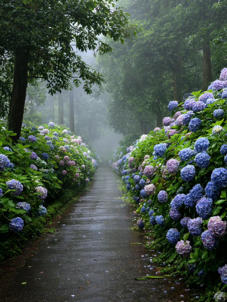 あじさいの小道と雨の写真｜あじさいの花が咲き誇る小道が、雨に濡れて美しく輝くシーン。しっとりとした雨の中で色とりどりのあじさいが、より一層その魅力を引き立てています。静かな雨の日にぴったりな、落ち着いた雰囲気の写真です。