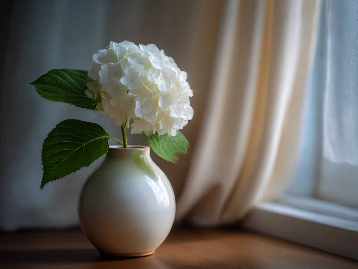あじさいの花が窓辺に飾られた写真｜窓辺に飾られた白いあじさいが、やわらかな光に照らされる一枚。清潔感あふれる白い花が、シンプルながらも華やかで、部屋に明るい雰囲気をもたらします。静かな時間の流れを感じさせる、穏やかな写真です。