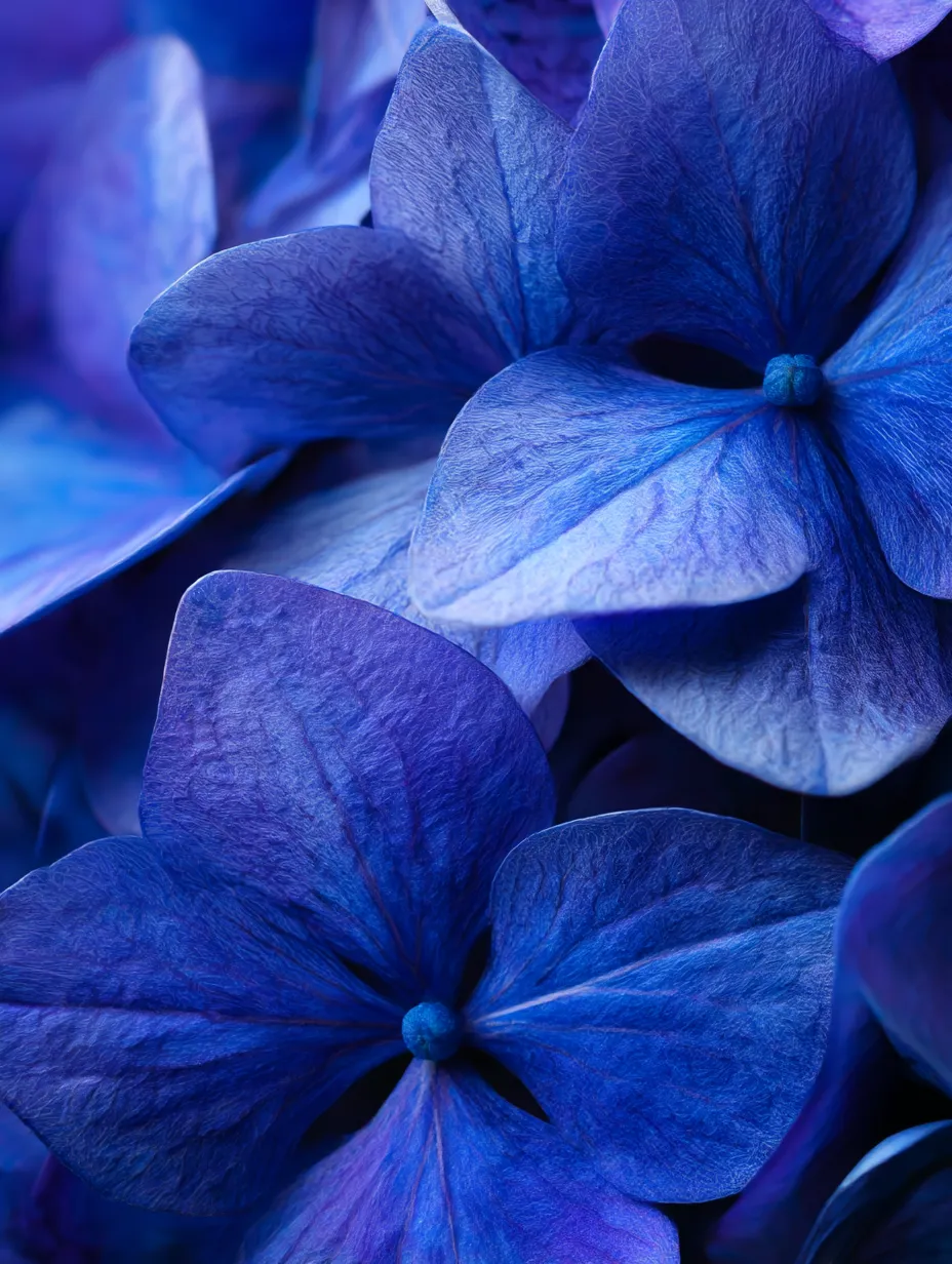 あじさいの紫色の花のクローズアップ写真｜紫色のあじさいの花がクローズアップで捉えられた一枚。細かな花弁の模様や、しっとりとした水滴が美しく表現されています。色鮮やかな紫が、あじさいの精緻な美しさを際立たせる一枚です。