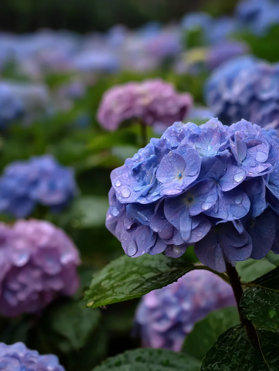 あじさいの雨上がりの写真｜あじさいの花が雨の後に輝く瞬間を捉えた写真です。青や紫の美しい花々がしっとりとした葉に包まれ、雨の滴が一層その美しさを引き立てています。あじさいの花がもつ優雅さと、雨後の澄んだ空気感が感じられる一枚です。