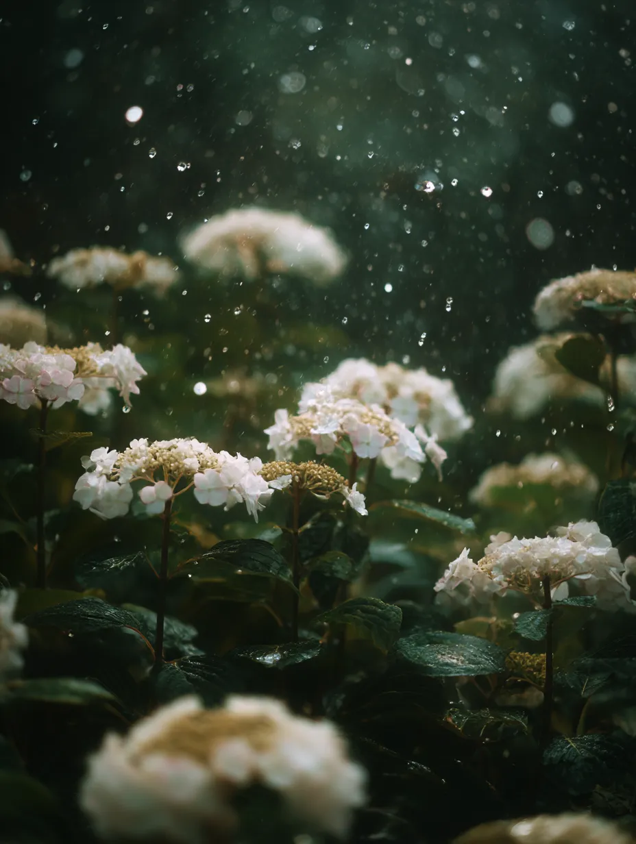 あじさいの白い花と雨の写真｜淡い白色のあじさいの花が、降りしきる雨とともに幻想的な雰囲気を漂わせています。水滴が花弁や葉に残り、静かな美しさを感じさせます。しっとりとしたあじさいの花と雨のコントラストが、独特の静けさとともに心に響きます。