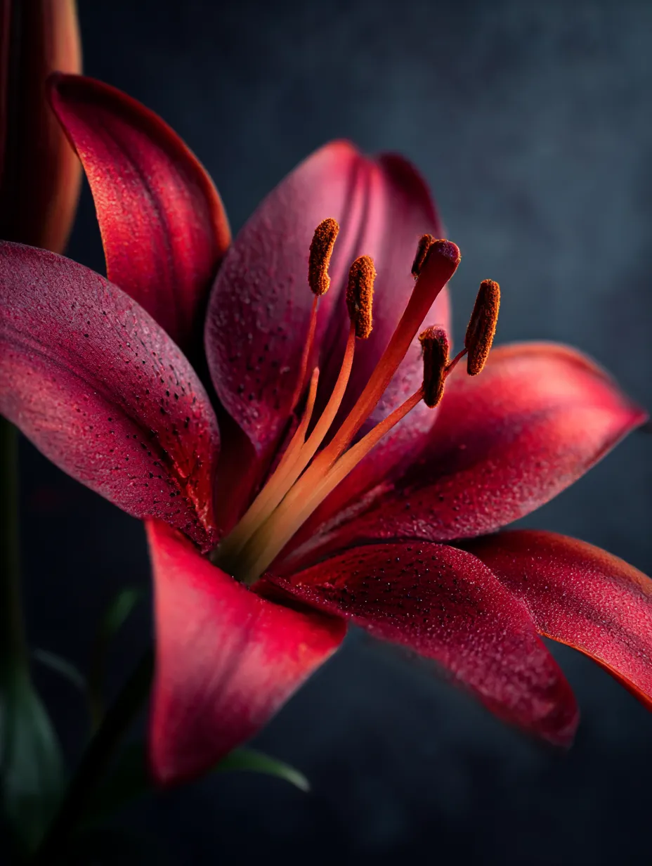 ユリの赤い花の写真｜深い赤色が印象的なユリの花が、濃い背景と対比を成す一枚です。光沢感のある花弁が、豪華でドラマティックな印象を与えます。ユリの力強さと優雅さを見事に捉えた美しい写真です。