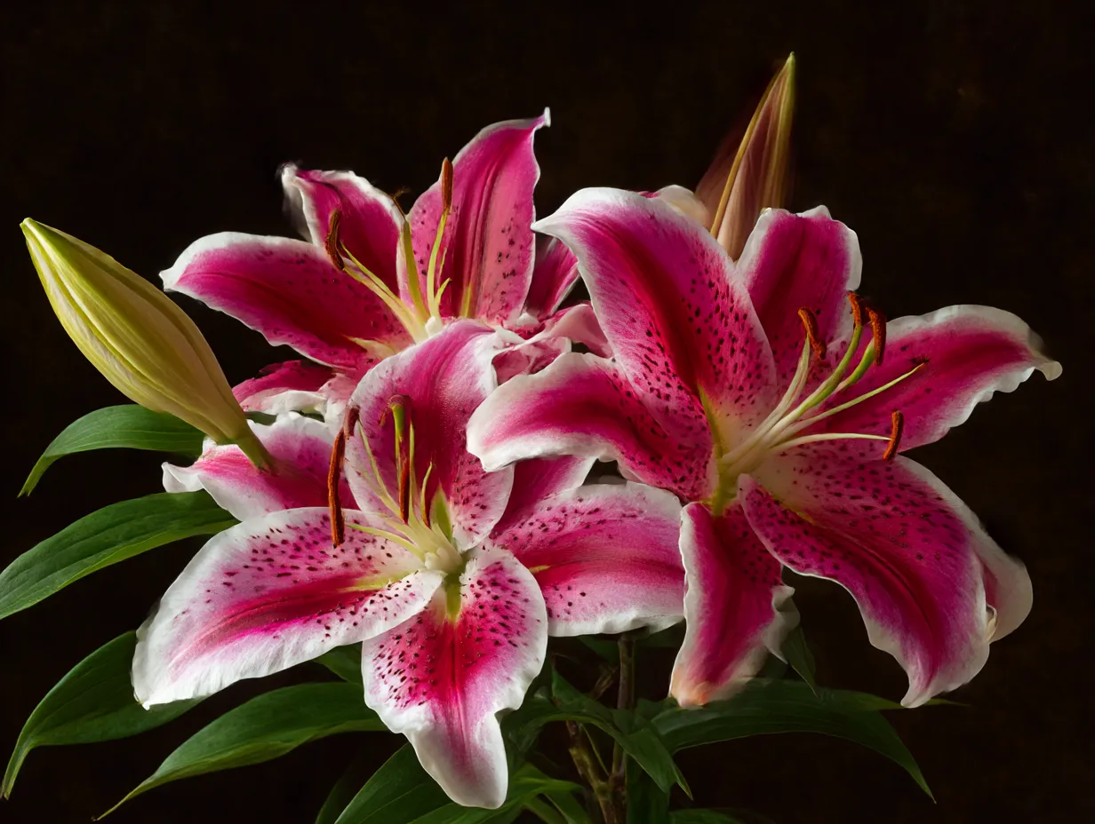 ユリのピンクの花束の写真｜ピンク色のユリが集まった花束の美しい写真です。柔らかな光が花々を照らし、優雅で華やかな雰囲気が漂います。ユリの花が持つ芳香や美しさを、見る人に強く伝える印象的な一枚です。