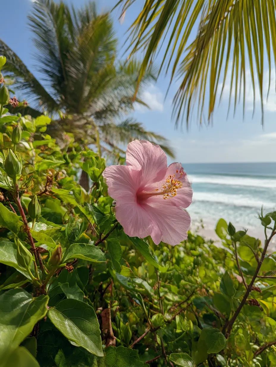 ハイビスカスと海の写真｜青い海と空を背景に咲くピンク色のハイビスカスの花が印象的な写真です。爽やかな海風を感じさせるような、自然との調和を大切にした一枚です。ハイビスカスの花が夏の風景を象徴するかのようです。
