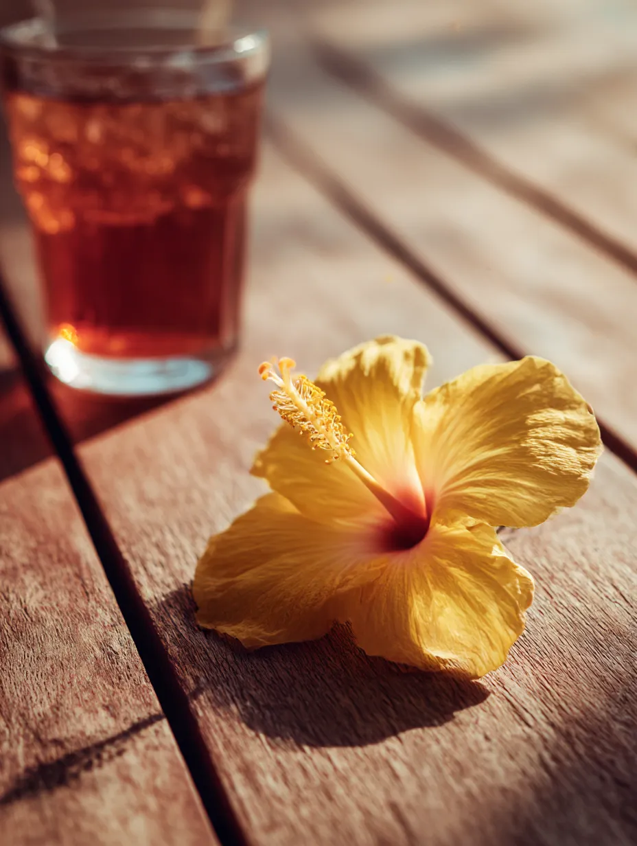 ハイビスカスの黄色い花の写真｜木製のテーブルの上に落ちた黄色いハイビスカスの花が、美しい光の中で撮影された一枚です。ドリンクのグラスがほんのりと映り込む中、花が放つ明るい色合いがリラックスした雰囲気を作り出しています。