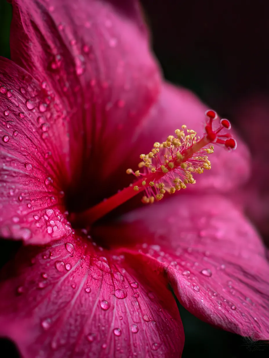ハイビスカスの濡れた花の写真｜雨粒が残る濃いピンクのハイビスカスの花が美しいディテールで捉えられた写真です。しっとりとした花びらの質感と色彩が、清涼感と力強さを感じさせます。ハイビスカスの生命力と美しさが見事に表現された一枚です。
