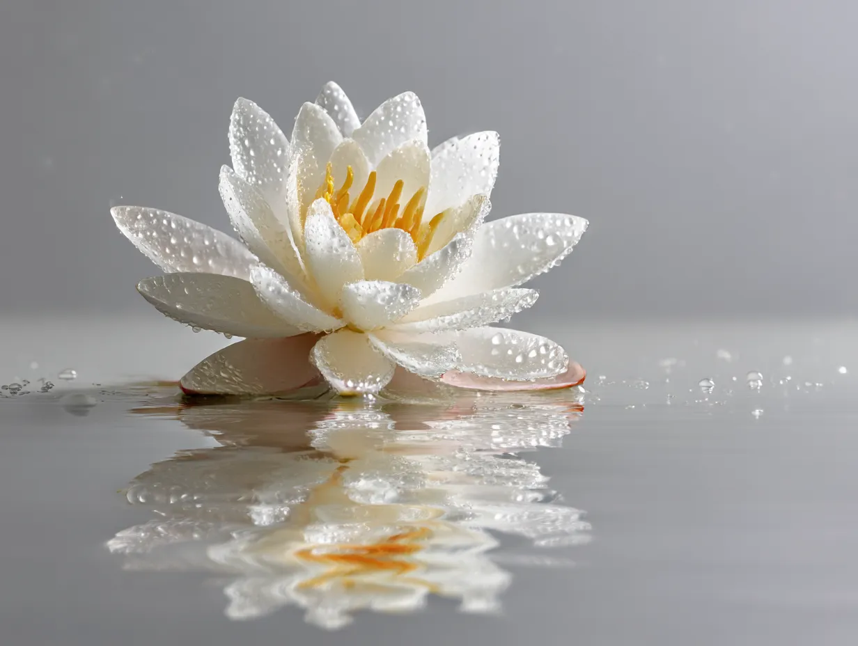 蓮の花と水滴の写真｜水面に浮かぶ白い蓮の花に水滴が光り輝く写真です。柔らかな色合いと清らかな花びらが、静けさと美しさを強調しています。蓮の花が持つ神秘的な雰囲気が感じられる一枚です。