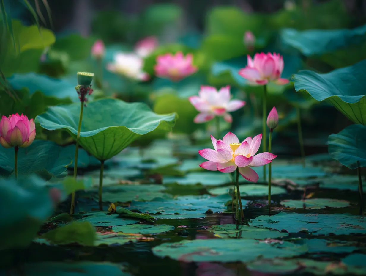 蓮の花と葉の写真｜蓮の花が池の中で静かに咲き、周囲の大きな葉とともに落ち着いた美しさを表現している写真です。水面に反射する蓮の花が、まるで絵画のように静謐で幻想的な雰囲気を作り出しています。