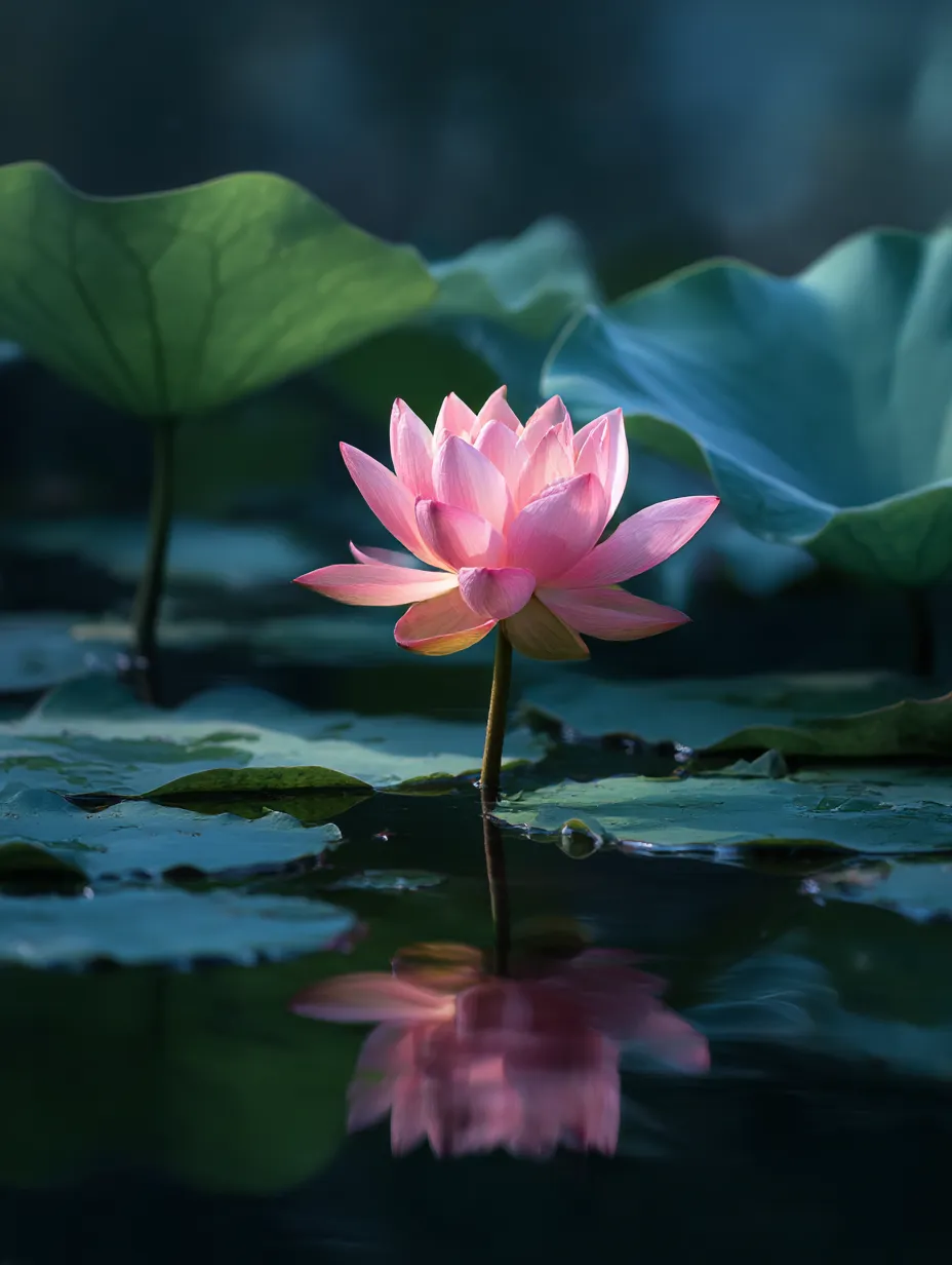 蓮の花の美しい写真｜薄暗い背景に浮かぶ蓮の花が、深いピンク色と共に浮かび上がり、その美しさが際立つ一枚です。柔らかな光が蓮の花弁を照らし、幻想的で落ち着いた雰囲気を醸し出しています。