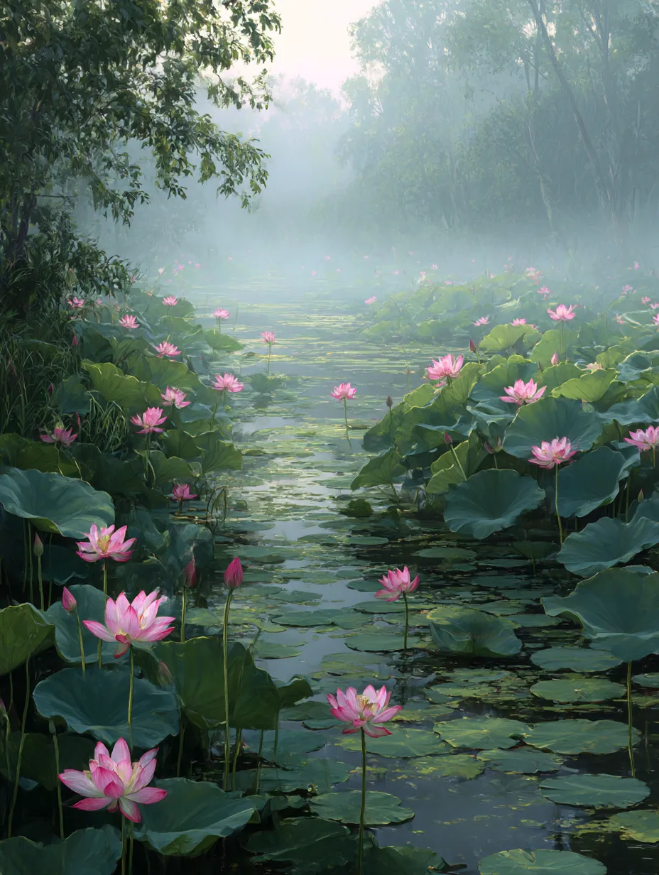 蓮の花と夕日の写真｜夕日に照らされる蓮の花が、柔らかな光に包まれて美しく咲いている写真です。水面に映る花の姿が幻想的で、静けさと優雅さを感じさせます。蓮の花が持つ神秘的な美しさを捉えた一枚です。
