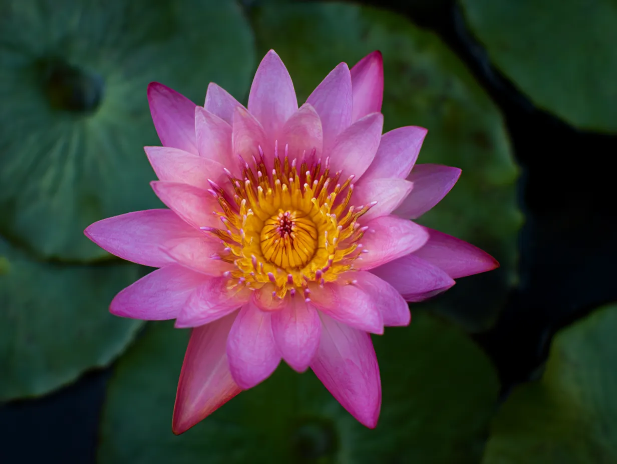 蓮の花のクローズアップ写真｜鮮やかなピンクの蓮の花がアップで捉えられた写真です。花の中心部がくっきりと映り、繊細な花びらと花粉のディテールが美しく表現されています。蓮の花が持つ精緻で美しい姿をしっかりと捉えています。