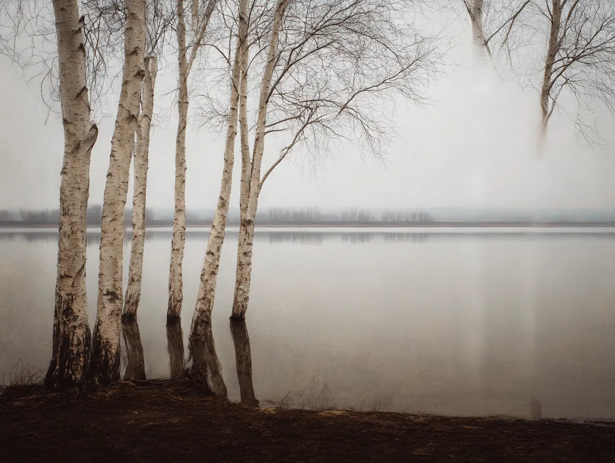 樹木：写真と静けさの境地｜霧に包まれた冬の風景。静寂な湖面に映る枝の姿が、一層の静けさを感じさせる「樹木：写真」。寒さと安らぎが共存する、心の奥に静かな感動を呼び起こします。
