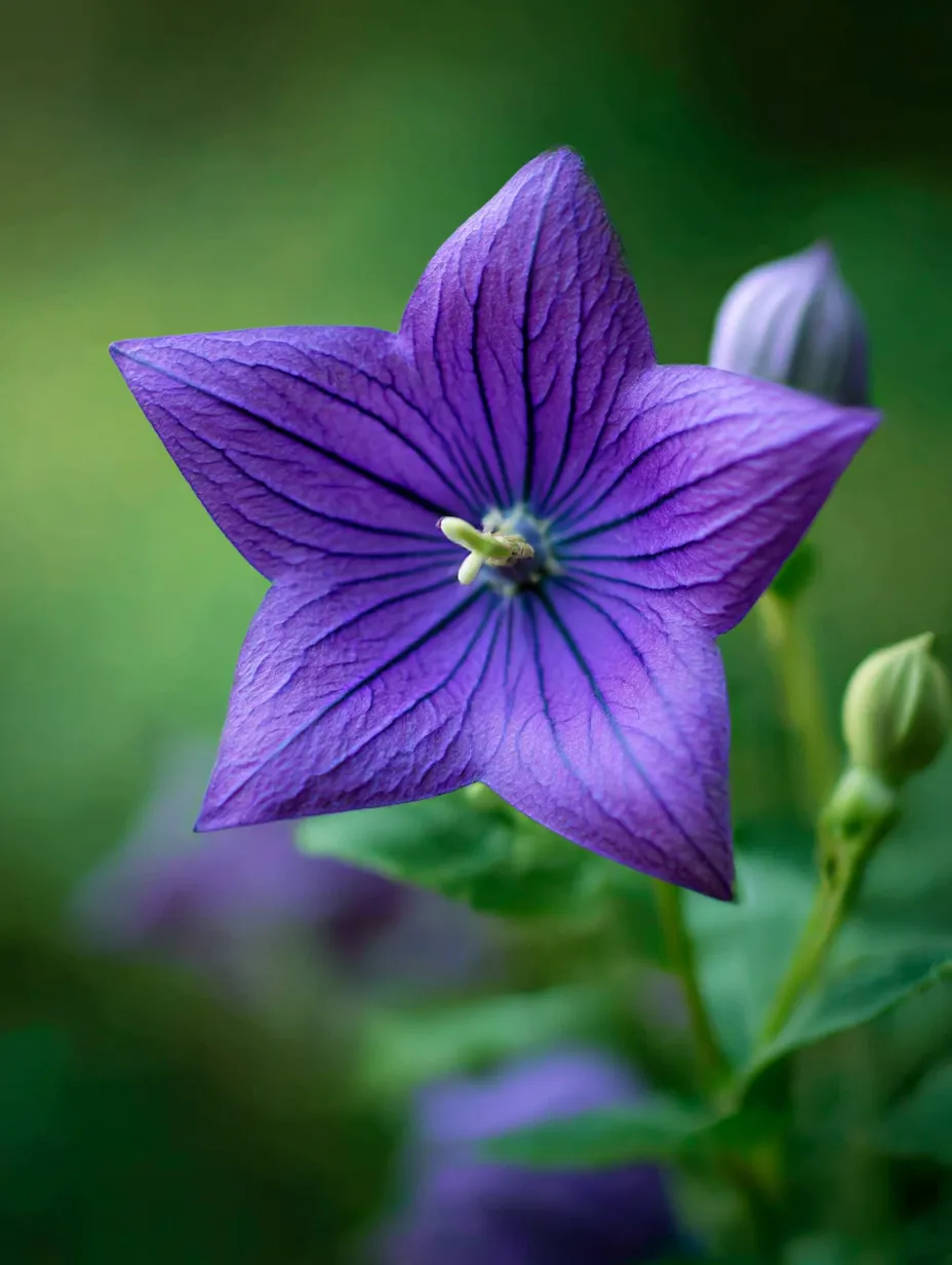 桔梗の紫の花の写真｜美しい紫色の桔梗の花が、繊細なディテールでクローズアップされている写真です。花弁の細かな線と色合いが際立ち、桔梗の花の持つ静かな美しさが感じられます。柔らかな背景と相まって、非常に印象的な一枚です。