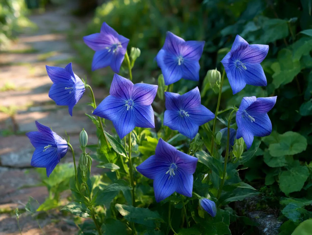 桔梗の花が咲く庭の写真｜桔梗の花が群生して咲いている庭の風景を捉えた写真です。温かい陽光が花に照らされ、桔梗の紫色が一層鮮やかに映えています。柔らかい光の中で、桔梗の花がその美しさを余すところなく発揮しています。