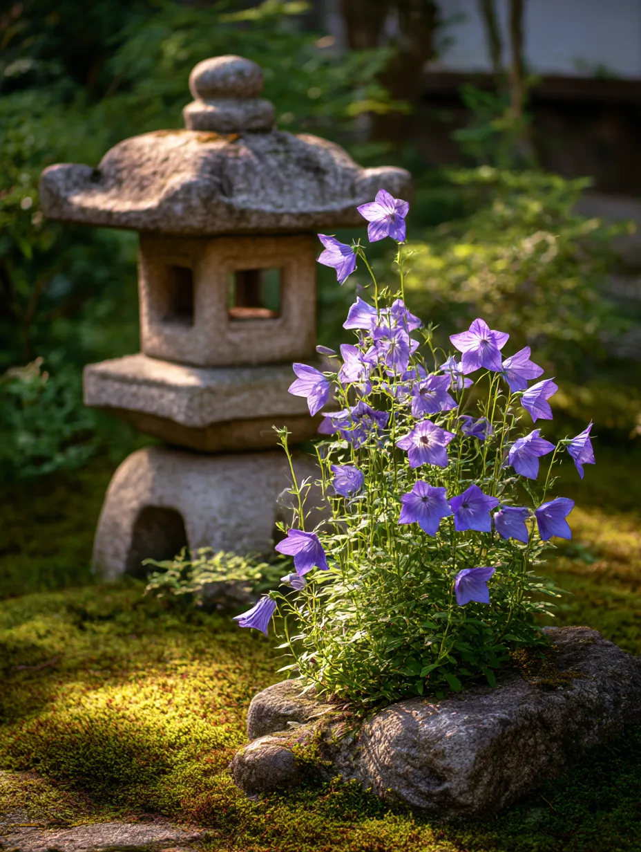 桔梗の花と石灯籠の写真｜日本の庭園に咲く桔梗の花が、石灯籠と共に写されている風景写真です。桔梗の花が和の庭にぴったりと馴染み、その花の美しさと落ち着いた雰囲気を感じさせます。桔梗の花が持つ優雅さと静けさが強調されています。