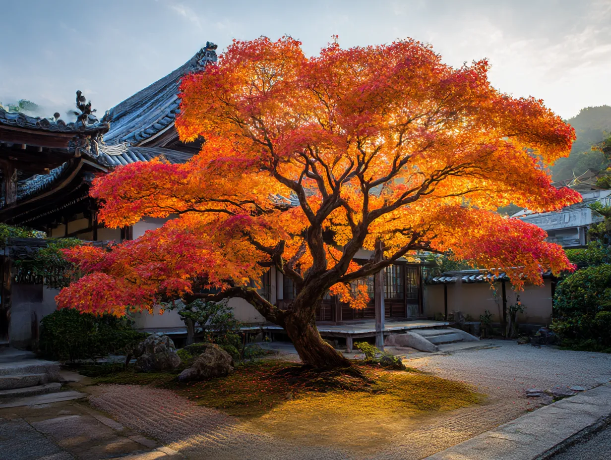 紅葉の大木と古風な建物｜日本の伝統的な建物を背景に立つもみじの大木が、鮮やかな赤とオレンジに染まり、秋の風情を一層引き立てています。穏やかな朝の光が木々を照らし、時間が静かに流れるような感覚を与えます。