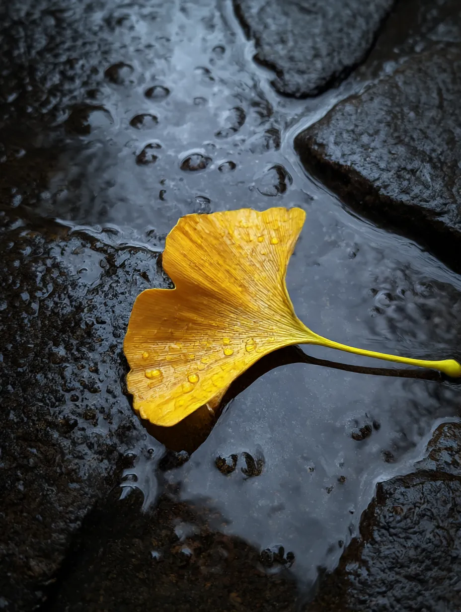 雨上がりのいちょうの葉｜雨の後の静かなひととき、石の上に一枚のいちょうの葉が落ち、水滴が残る様子が美しく写し出されています。湿った空気と葉のしっとりとした質感が秋の風情をさらに引き立て、落ち着いた雰囲気を作り出しています。