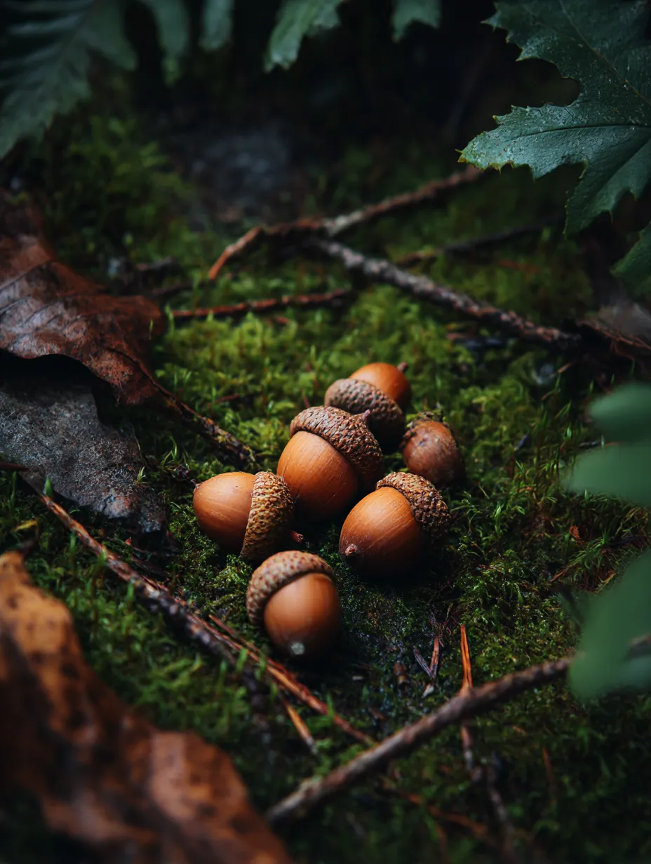 苔の上のどんぐりの群れ｜森の中で苔に包まれたどんぐりの群れが描かれています。秋の湿った空気が漂い、どんぐりが静かに成長する過程を感じさせる、落ち着いた雰囲気の写真です。自然との調和が美しく表現されています。