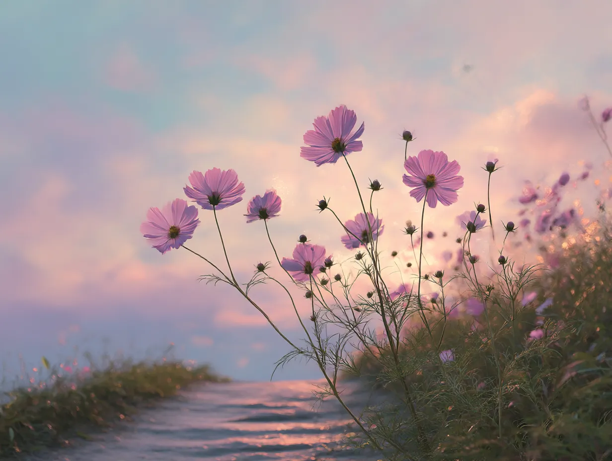 夕暮れのコスモス畑｜夕暮れの空の色に包まれたコスモスの花々が、静かな美しさを放っています。夕陽を浴びた花々は、柔らかなピンク色のグラデーションが印象的で、「コスモス」の花の優しさを引き立てています。