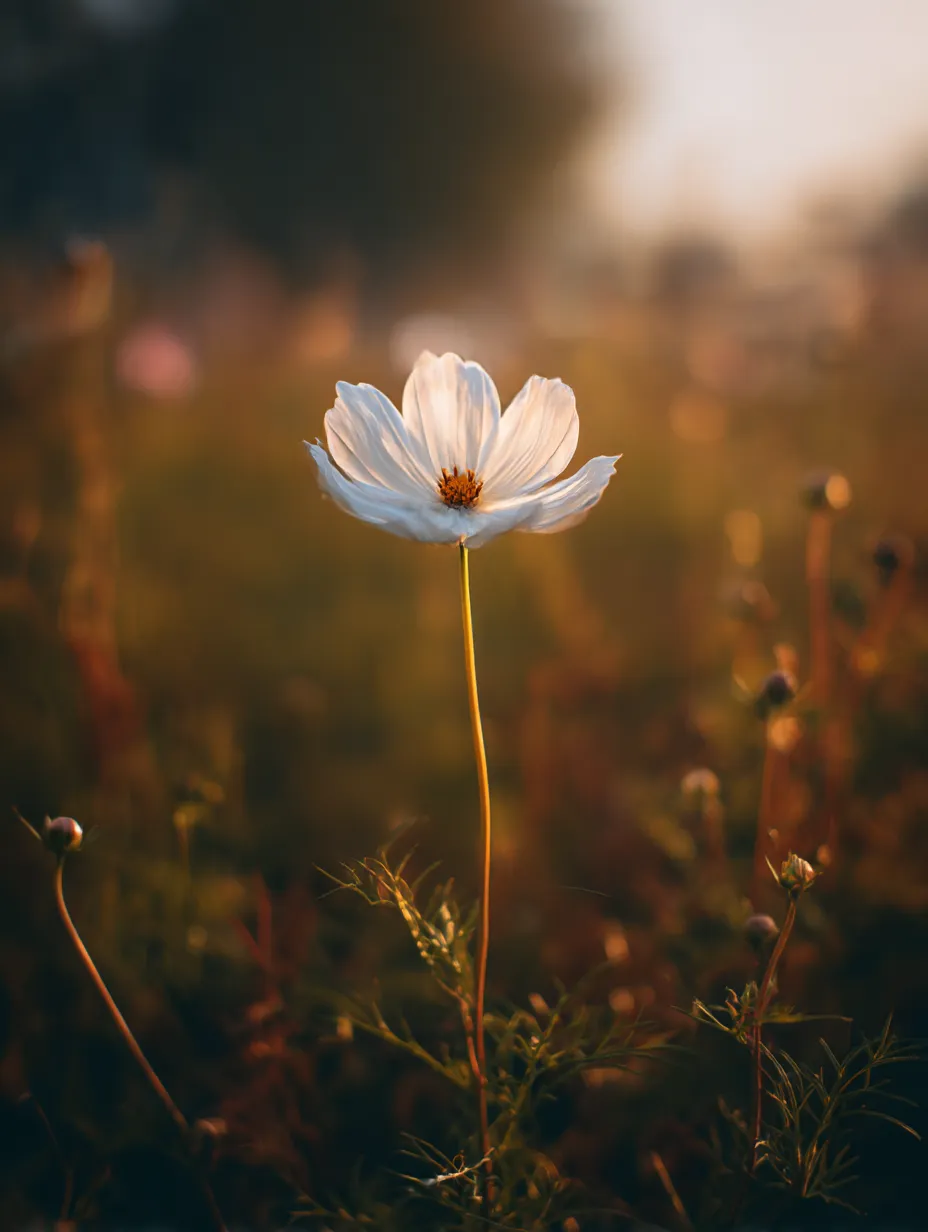 夕日に照らされるコスモスの花｜柔らかな夕陽に照らされたコスモスの花が、温かい光に包まれています。自然の美しさが感じられるこの「コスモス」の花は、心を落ち着け、深い秋の夕暮れの雰囲気を伝えてくれます。
