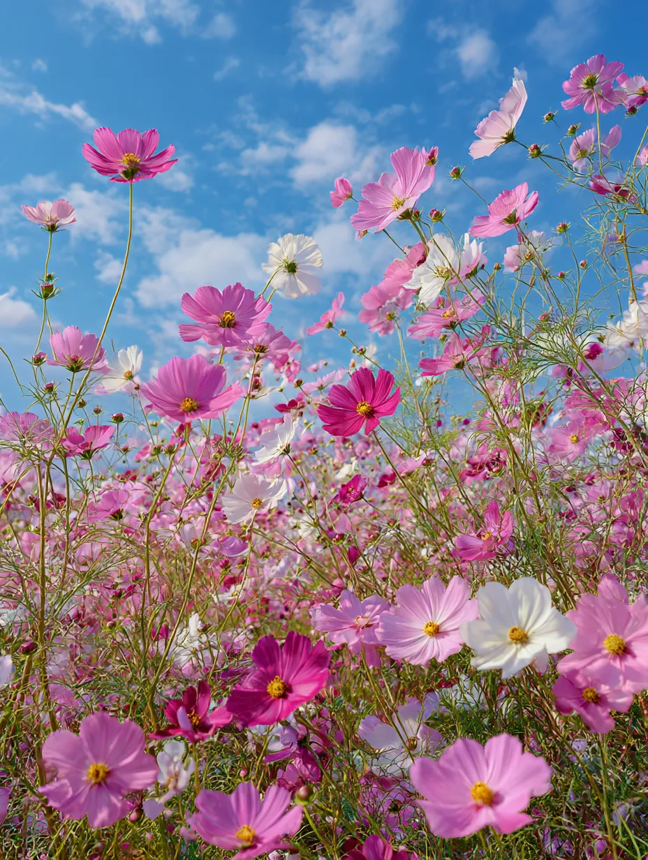 コスモスと青空｜青空を背景に咲くコスモスの花々が、爽やかな秋の日を感じさせます。ピンクと白の花が空に映え、晴れ渡った空とのコントラストが美しく、「コスモス」の清々しい印象を与えています。