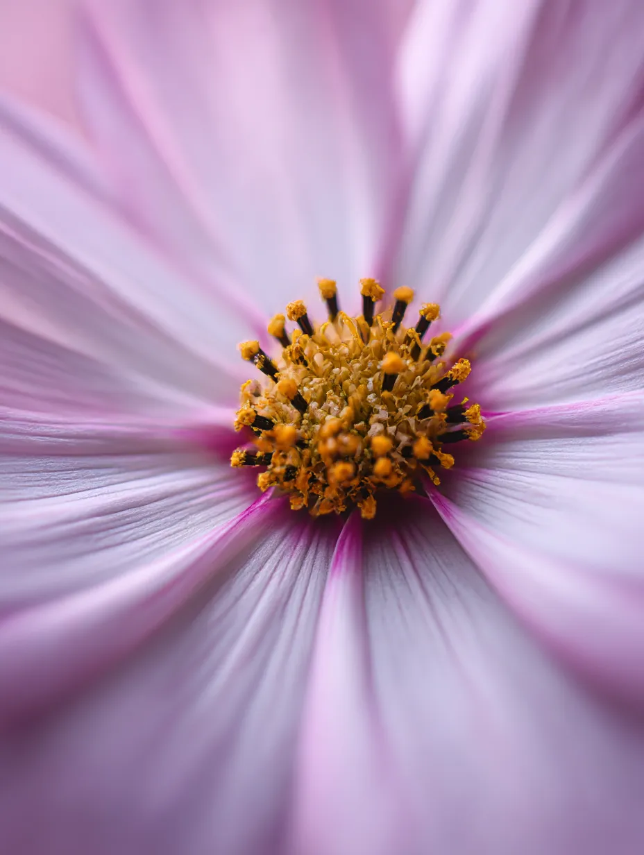コスモスの花のクローズアップ｜コスモスの花の中心部がクローズアップされ、その細部まで美しく描かれています。花びらのディテールや黄色い花粉が目立ち、花の生命力と「コスモス」の繊細な魅力を引き立てています。