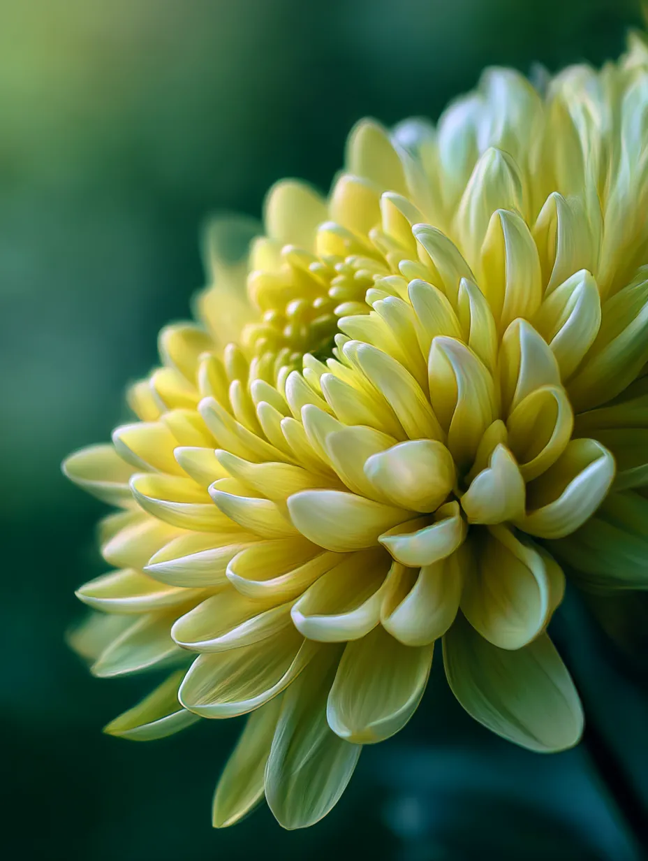 菊の花の美しさを引き立てる緑の背景｜菊の花をクローズアップした美しい写真。背景にぼかしを加え、色合いが一層際立つように工夫されています。柔らかな黄色と繊細な花びらの質感が、菊の花の魅力を引き立てます。特にこの「菊の花」は、静けさと落ち着きを感じさせる美しさを持っています。
