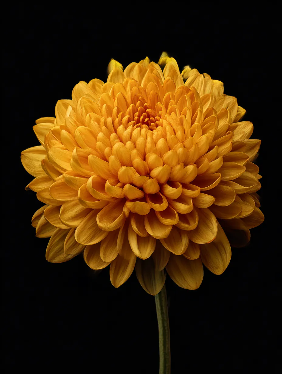 温かい色合いの菊の花｜黒い背景に映える鮮やかなオレンジ色の菊の花が印象的です。濃淡のある花びらが見事に重なり、その美しさが際立っています。この「菊の花」の写真は、生命力とエネルギーを感じさせる温かみがあります。