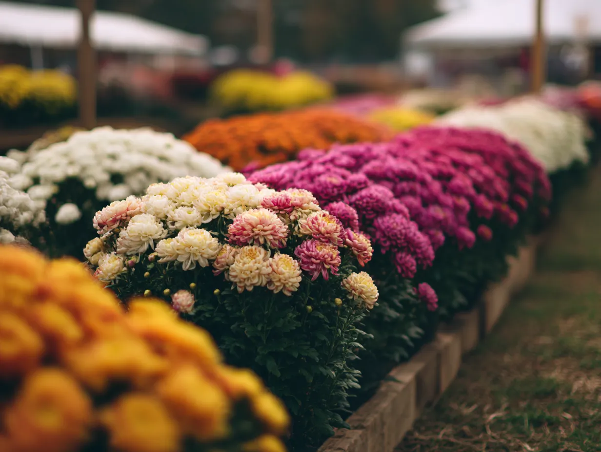 菊の花の華やかな展示｜菊の花が様々な色彩で並べられた美しい光景。色とりどりの花が並び、それぞれの特徴を引き立てるように配置されています。この「菊の花」の集合体は、自然の美しさと調和を感じさせます。
