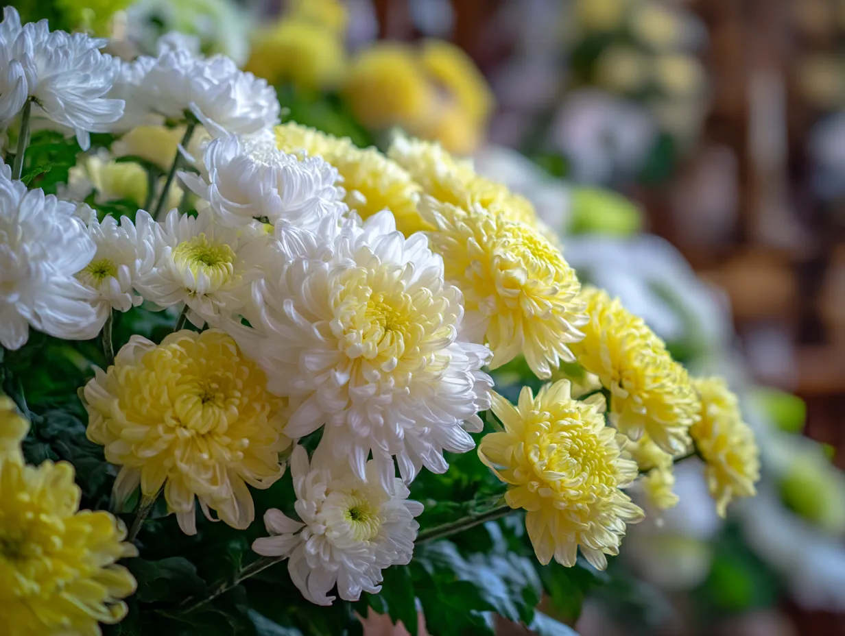黄色と白の菊の花の調和｜黄色と白の菊の花が絶妙に混ざり合い、鮮やかな色合いを見せています。花々の柔らかな質感が優しく、心温まるような雰囲気を醸し出しています。この「菊の花」の展示は、自然の恵みと和やかさを象徴しています。