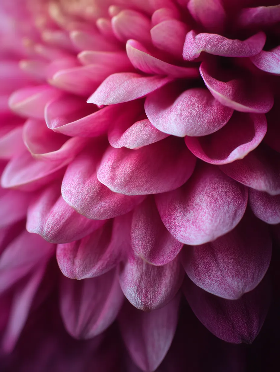ピンクの菊の花の繊細な美しさ｜ピンクの菊の花の花びらが重なり合って、非常に繊細で柔らかな印象を与えます。自然光に照らされ、花びらの質感が際立っています。この写真は、菊の花が持つ細やかな美しさを強調し、見る者に心の落ち着きを与えます。