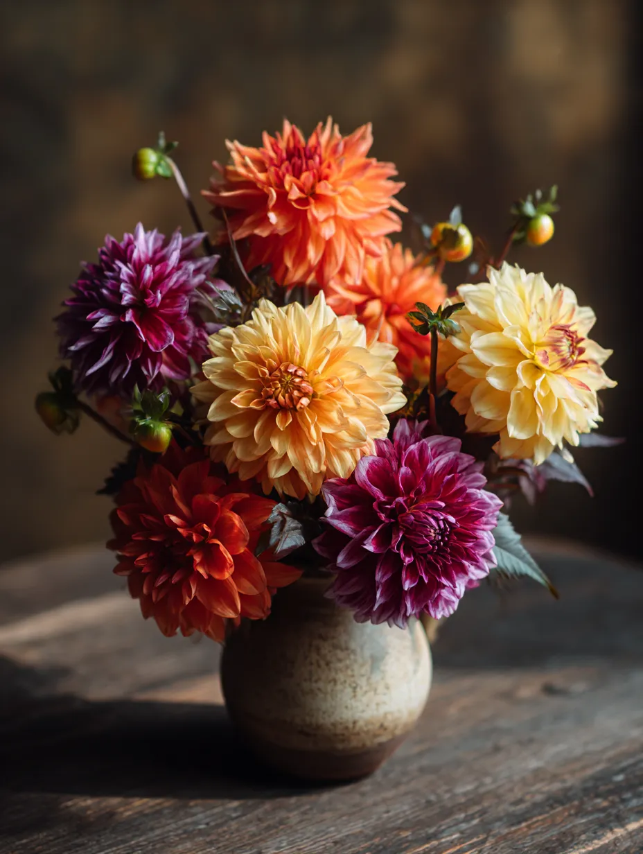 色とりどりのダリアの花束｜オレンジ、黄色、紫など色とりどりのダリアが美しく配置された写真。花瓶に飾られたこのダリアは、華やかで温かみのある印象を与えます。この「ダリア」の花束は、見る者にエネルギーを与えると同時に、穏やかな美しさを感じさせます。